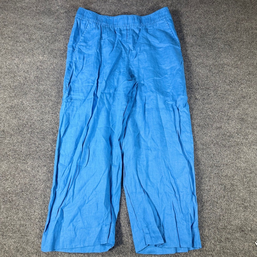 Tahari Essentials 100% Linen Pants Wide Leg Elastic Waist Blue XL Women Trousers